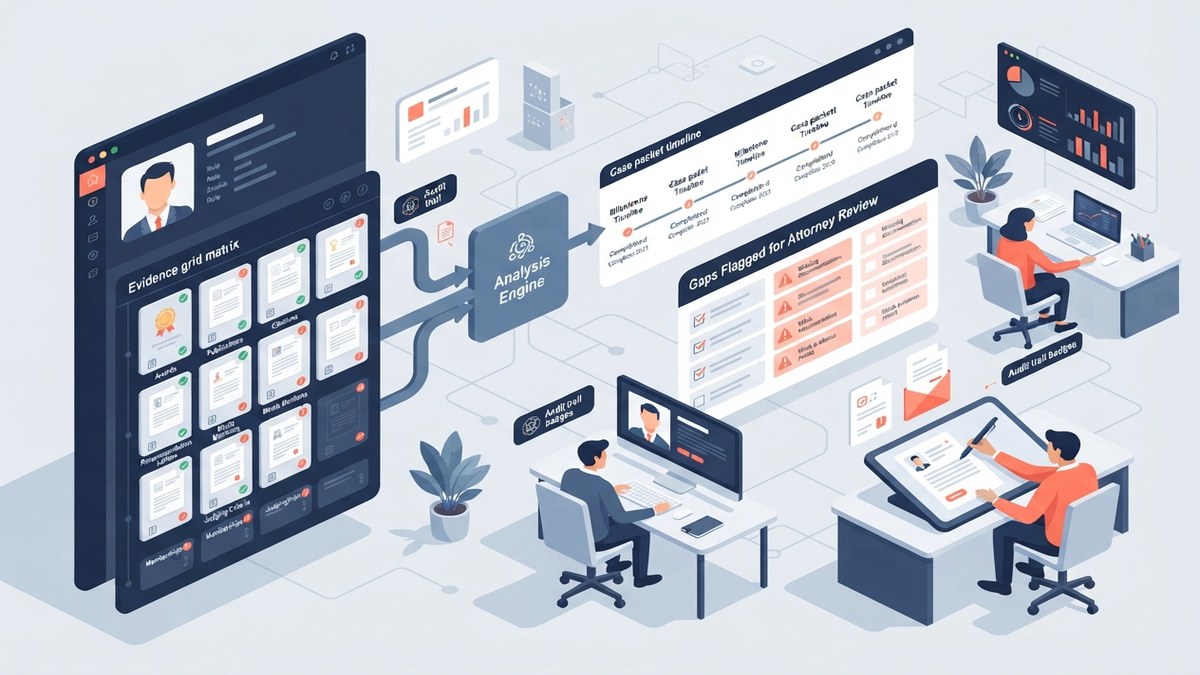 EB-1 evidence matrix automation dashboard illustration