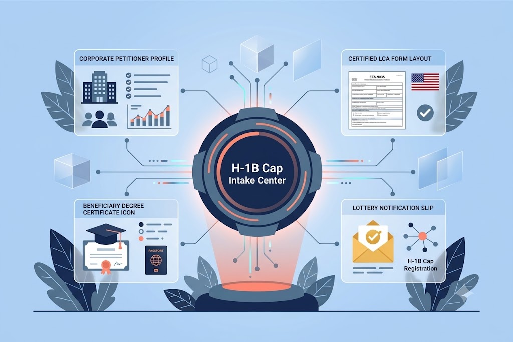 H-1B cap season intake checklist dashboard illustration
