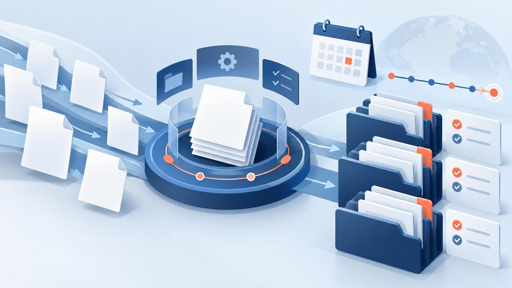 Illustrated case documents moving through a review workflow toward organized files and a readiness checklist