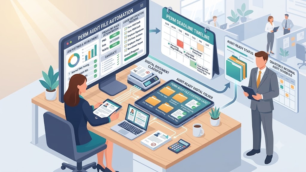 PERM audit file automation dashboard organizing recruitment evidence, applicant logs, dates, and attorney review