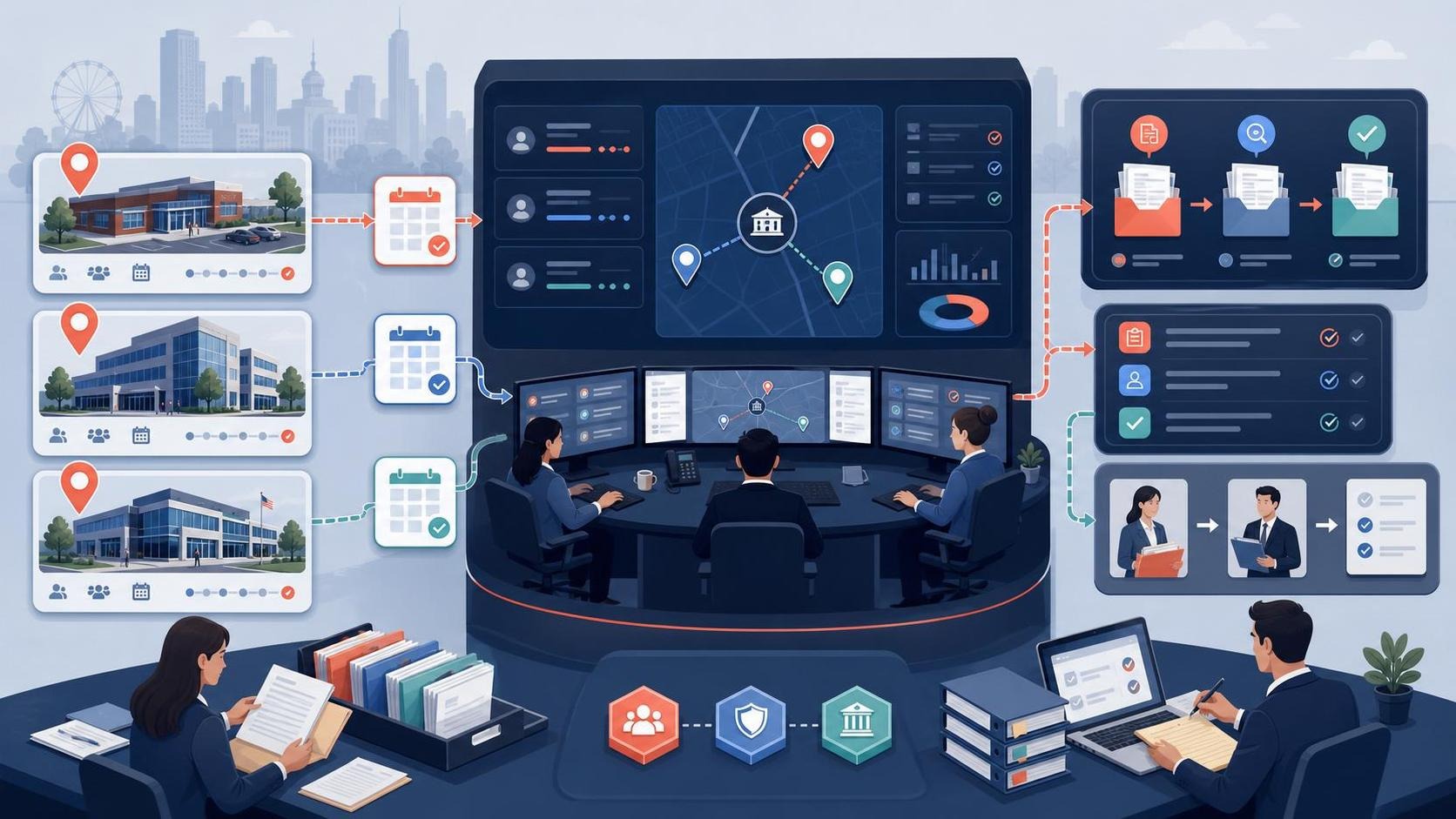 Atlanta asylum office operations illustration showing interview scheduling, evidence packet routing, and multi-location prep workflow